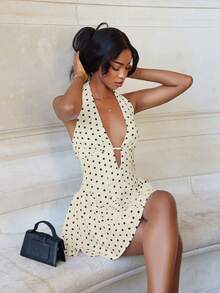 Mima John 女士性感波点印花深V领露背迷你连衣裙，度假风，夏季派对 - 杏色 - 查看 6