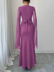 Rafferiza 女士优雅蕾丝拼接V领开衩修身鱼尾连衣裙 - 紫色 - 查看 2