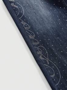 ROMWE Street Life 女士休闲街头字母水钻装饰蓝色牛仔裤 - 深色水洗藍 - 查看 4