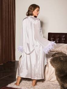 Slumberist Plus Size Women's Pajama Set,White Summer Wedding Guest Nightgown And Robe Set,Faux Fur Trim Mesh Robe & Asymmetric Ruffle Slit Dress Suit,2pcs - White - View 2