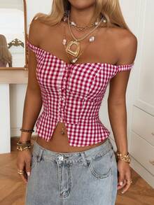 SHEIN EZwear Áo sơ mi nữ kẻ caro trễ vai, cài cúc đơn, kiểu dáng thời trang - trắng - Xem 3