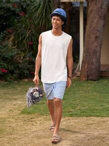 Open Phase 男士休闲无袖棕榈树和字母印花圆领背心 - 白色 - 查看 8