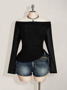 SHEIN ICON Áo lưới trễ vai màu đen dành cho nữ cỡ lớn - màu đen - Xem 3