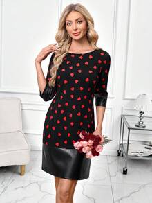 SHEIN Clasi 女士黑色PU拼接针织直筒连衣裙，适合日常通勤，百搭黑色连衣裙 - 黑色 - 查看 9