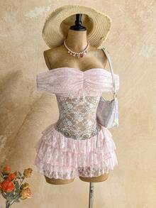 Soleia Elegant Lace Ruffle Trim Jumpsuit, Suitable For Vacation, Spring/Summer Pink Ruffle Dress Frilly Dress Sweetra Dress - Pink - View 3