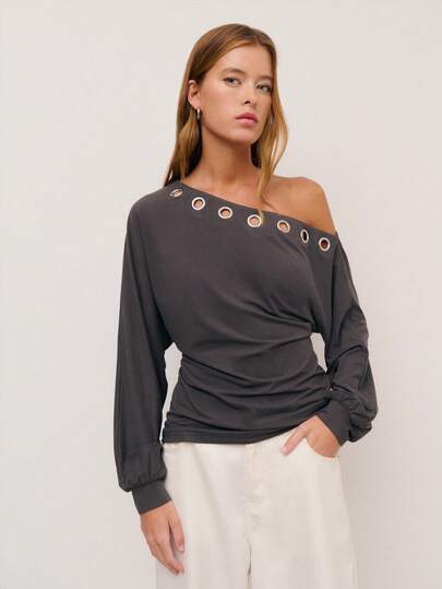 Nöista Asymmetrical Oversized Top With Silver Eyeletsdecoration On The Neckline, Dark Gray Color.