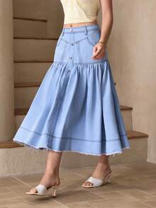 Selenza Women's Casual Denim Skirt With Pockets, Button Design And Ruffle Hem - Blue - View 3