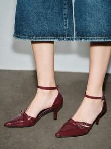 秋冬女士尖头露跟镂空高跟凉鞋，时尚性感，夏季新品，优雅猫跟，派对鞋 - 酒紅色 - 查看 6