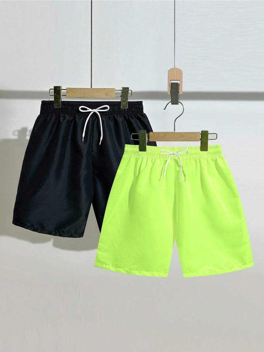 SHEIN 2 Pieces Set Teen Boy Solid Color Casual Drawstring Waist Elastic Waistband Shorts, Beach - Multicolor - View 1