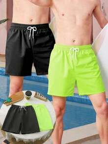 SHEIN 2 Pieces Set Teen Boy Solid Color Casual Drawstring Waist Elastic Waistband Shorts, Beach - Multicolor - View 4
