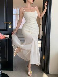 DAZY Đầm hai dây kiểu Pháp thanh lịch với họa tiết hoa 3D, thiết kế mùa hè, kiểu đuôi cá phối eo dành cho nữ, đầm dự tiệc cưới, đầm hè cho nữ. - Màu be - Xem 3