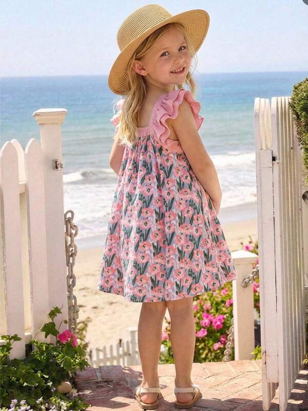 Emery Rose Kids Emery Rose Kids 少女撞色荷叶边下摆碎花休闲连衣裙