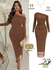 Femmeverse Asymmetrisches Schulterkleid in Große Größen, elegantes figurbetontes Cocktailkleid für reife Damen - Braun - Übersicht 1