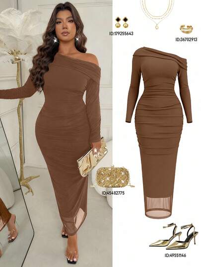 Femmeverse Đầm dự tiệc cỡ lớn với vai lệch, kiểu dáng thanh lịch, ôm sát, thích hợp cho người trưởng thành.