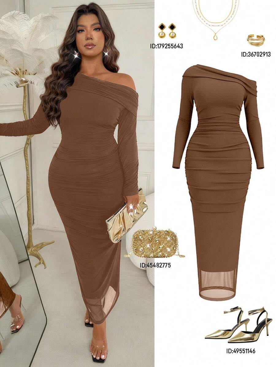 Femmeverse Asymmetrisches Schulterkleid in Große Größen, elegantes figurbetontes Cocktailkleid für reife Damen - Braun - Übersicht 1