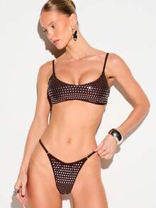 KIZN 女士银色铆钉棕色两件式比基尼套装，饰有水钻，可调节肩带，性感露臀泳裤，夏季泳装，海滩度假必备 - 棕色 - 查看 6