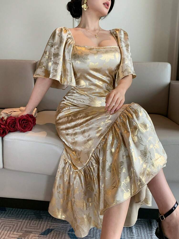 Women's Elegant Floral Print Square Collar Ruffle Sleeve Mid-Length Dress, Summer,Wedding Guest Dress Women Maxi Dress Sundress
