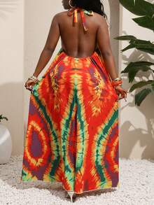 BamGleam Women's Summer Beach Sleeveless Backless Halter Tie Digital Placement Fashion Print Vacation Maxi Dress - Multicolor - View 2