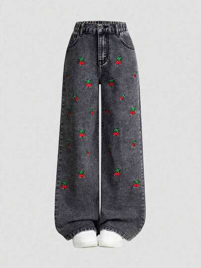 Vaqueros rectos de denim lavado con diseño bordado de nueva moda informal para niñas preadolescentes