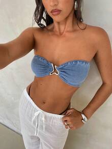 Aloruh 女士性感金属装饰超短露脐牛仔吊带背心，夏季必备 - 藍色 - 查看 6