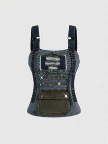 ROMWE Hippie 复古性感嬉皮风修身报纸印花做旧毛边下摆工装口袋女式牛仔背心 - 彩色 - 查看 1