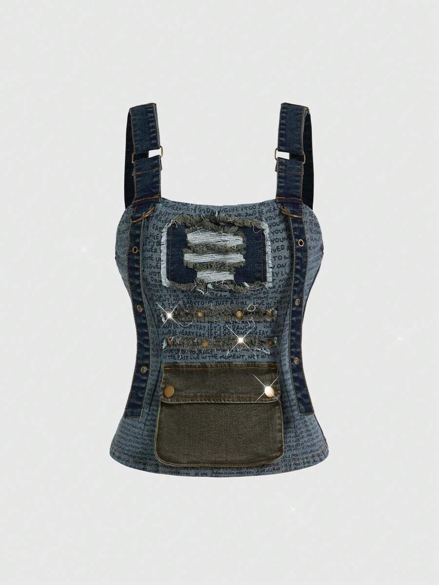 ROMWE Hippie 复古性感嬉皮风修身报纸印花做旧毛边下摆工装口袋女式牛仔背心 - 彩色 - 查看 1