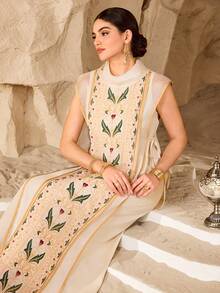 Al Najma 女士印花立领短袖优雅阿拉伯风格连衣裙 - 杏色 - 查看 7