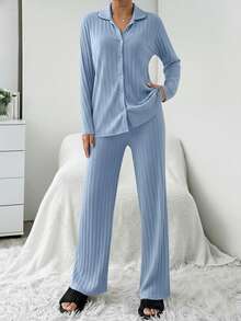 EURMUSE Plus Size Women 2pcs Set Open Front Contrast Stitching Ribbed Long Sleeve Top And Pants Pajamas - Blue - View 3