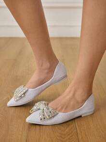 CUCCOO HITCHD New Rhinestone Bow Knot Pointed Toe Flats, Elegant Fashion Comfortable Versatile Charming Black Shoes Wedding Shoes - Beige - View 6
