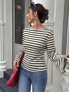 Elenzga Women's Autumn/Winter Loose Collar Flare Sleeve Pleated Ribbed Ribbed Top - Multicolor - View 1