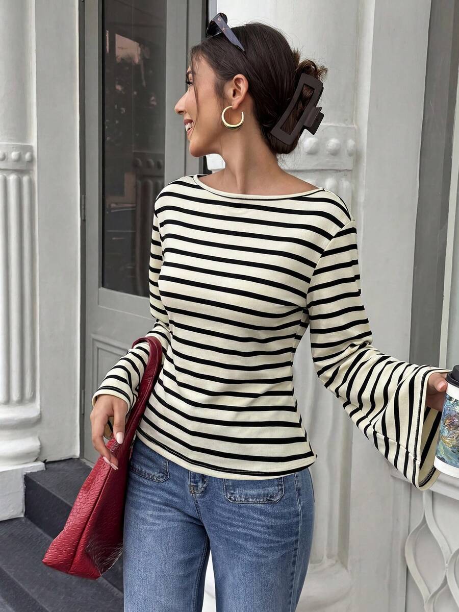 Elenzga Women's Autumn/Winter Loose Collar Flare Sleeve Pleated Ribbed Ribbed Top - Multicolor - View 1