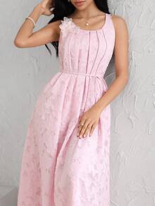 Modelyn Đầm hồng không tay đính đá lấp lánh, khoét eo, kèm thắt lưng. - Hồng - Xem 3