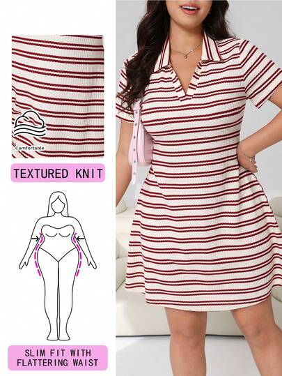 Solflare 2026 Spring/Summer New Casual Everyday Dress, Suitable For Outings, Parties, Dates, Birthdays, Festivals, Back To School, Vacations, Valentine's Day, New Year And Multiple Occasions. Can Be Worn Alone Or Layered. Striped Knit Fabric With Shirt Collar, A-Line Silhouette, Cropped Length, Plus Size