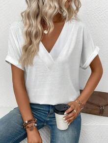 EMERY ROSE Women's Solid Color V-Neck Short Sleeve Casual Versatile T-Shirt - White - View 7