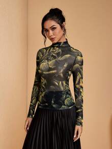 JIAN LASALA 性感印花透视网纱长袖立领修身夏季波西米亚风休闲上衣 - 彩色 - 查看 3
