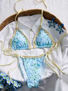 Swim Mod 女士夏季沙滩度假露背印花荷叶边三角侧系带比基尼泳裤 - 彩色 - 查看 1