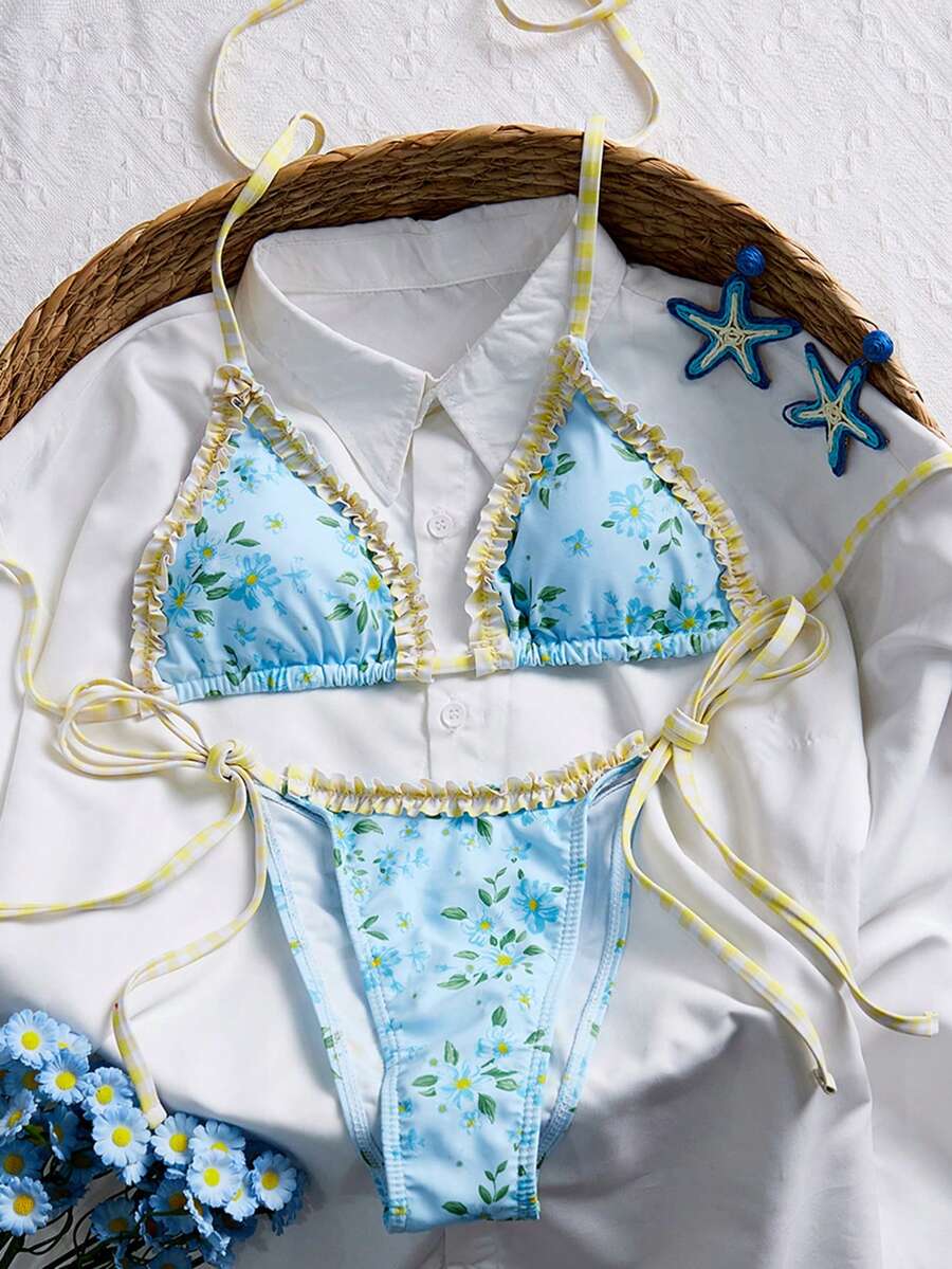 Swim Mod 女士夏季沙滩度假露背印花荷叶边三角侧系带比基尼泳裤 - 彩色 - 查看 1