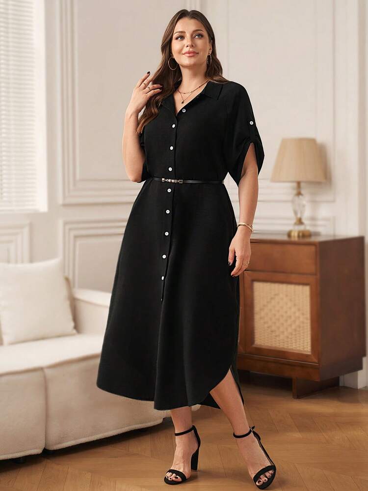 Plus Size Women's Summer Casual Vacation Solid Black Button Pocket Midi Dress, Spring/Summer,Summer\Vacation,Summer Holiday,Spring Break Outfits ,Vacation Outfits Women ,Holiday Outfits For Women,Going Out Outfits,2026 New Clothes,Simple And Fashionable For Everyday Wear,Suitable For Summer, Vacation, Daily Wear,Suitable For Summer, Vacation, Daily Wear,Dresses For Women,Flowy Dress ,Beach Outfits For Women,Casual Vacation Boho Dress, Plus Size Shirt Dress, Black Elegant Dress, Sleeve Shirt Dress,Office Outfits For Women,, Formal Attire For Women