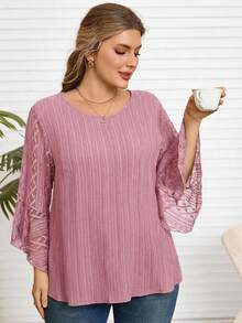 Rosumi 大码女式优雅通勤纯色蕾丝拼接衬衫 - 粉色 - 查看 4