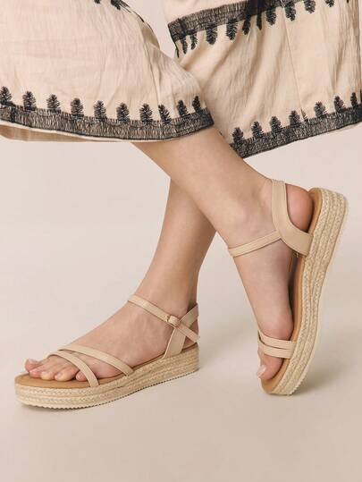  Styleloop Women's Fashion Solid Color Woven Casual Platform Wedge Sandals, Bohemian Vacation Style Vintage Canvas Platform Ankle Band Sandals, Western Style, Music Festival Party Clothing, Spring Summer Shoes Spring Break Easter