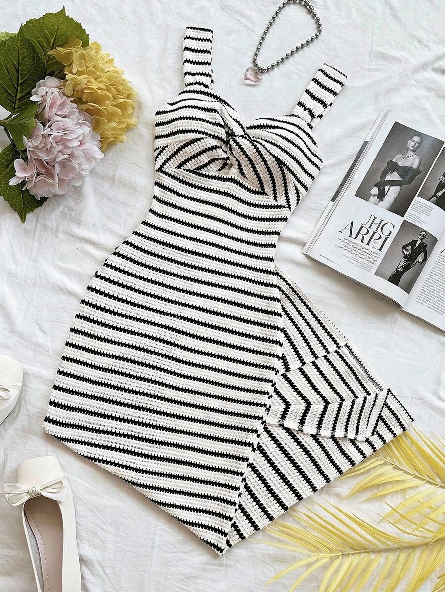 Sparklyn 少女夏季休闲度假条纹前扭结连衣裙 - 黑與白 - 查看 1