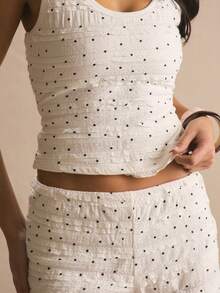 MUSERA 波点圆领吊带荷叶边背心和迷你荷叶边短裤套装，春夏舒适可爱日常少女度假阳光社交装 - 白色 - 查看 6