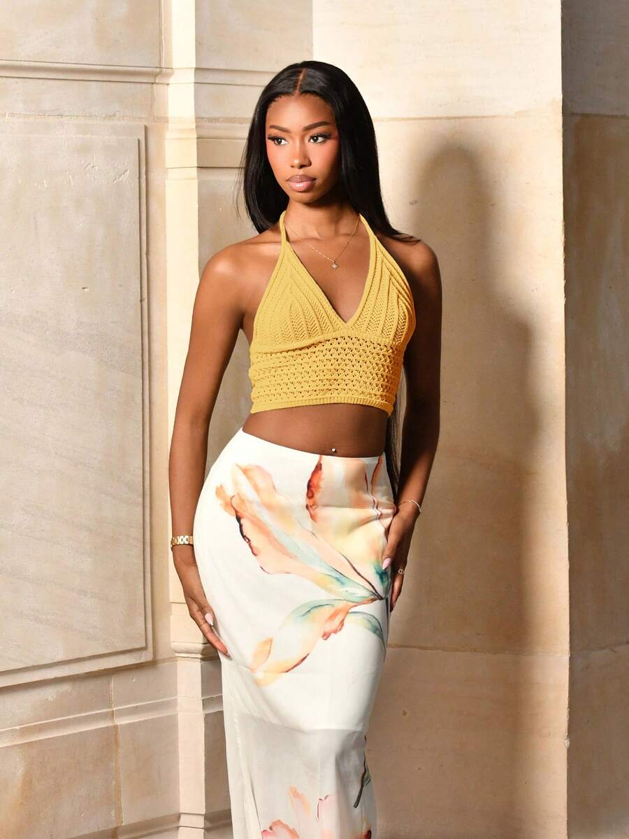 Mima John 系腰柔软针织上衣，适合音乐节和海滩 - 黃色 - 查看 1