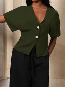 Mima John Elegant Bat Wing Sleeve Double-Breasted Buttoned Solid Color Casual Shirt - Army Green - View 4