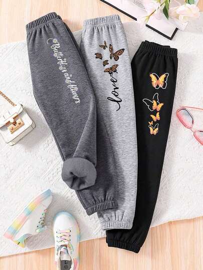 Set de 3 pantalones deportivos forrados térmicamente con estampado de mariposa para niña