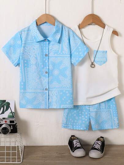 SHEIN 3pcs/Set Boys' Vacation Paisley Print Shirt, Short Sleeve T-Shirt, Shorts 3 PiecesOutfit