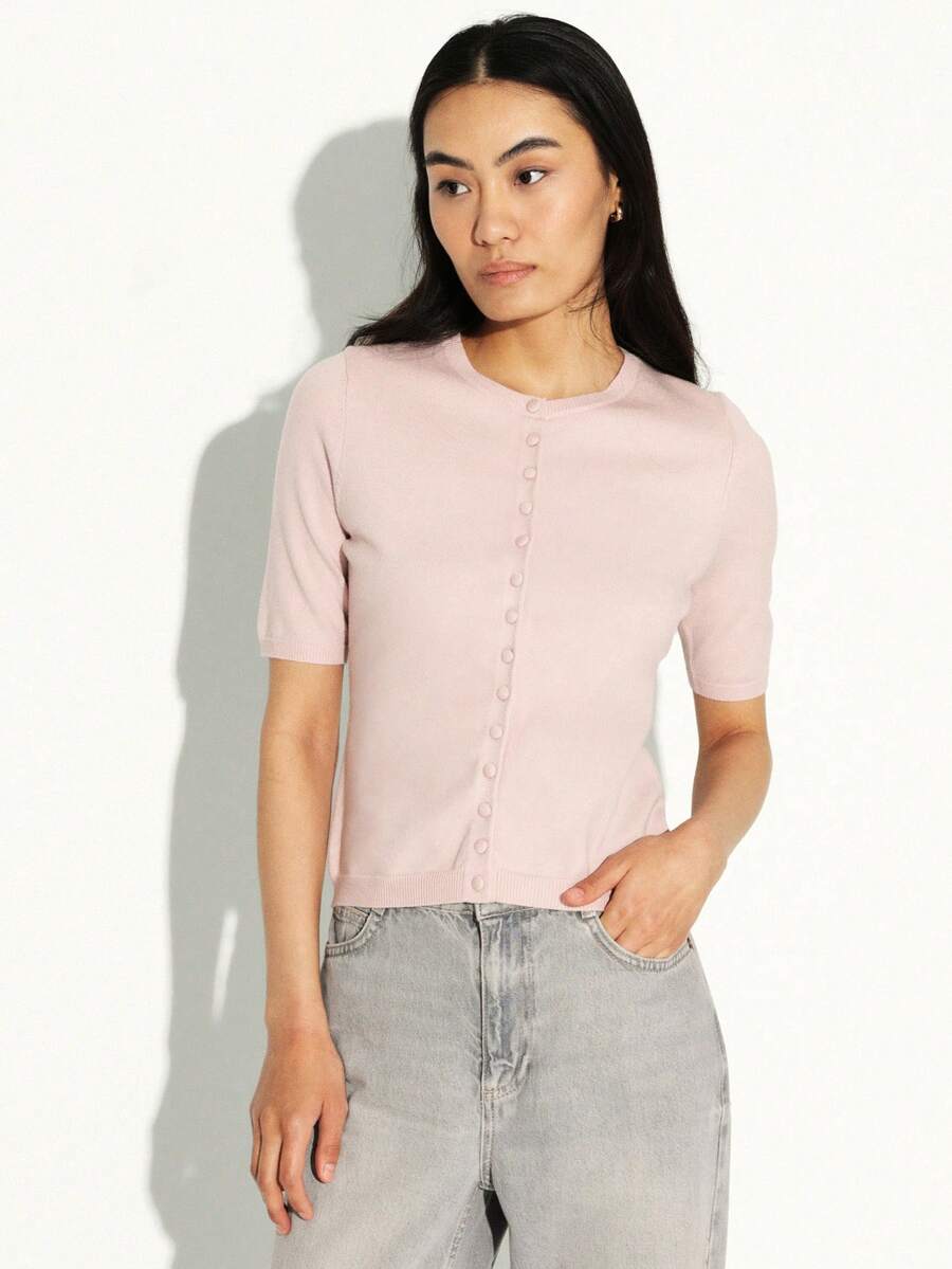 KSTM Women Button Front Short Sleeve Knit Cardigan With Round Neckline Spring Summer Lightweight Top - Pink - View 1