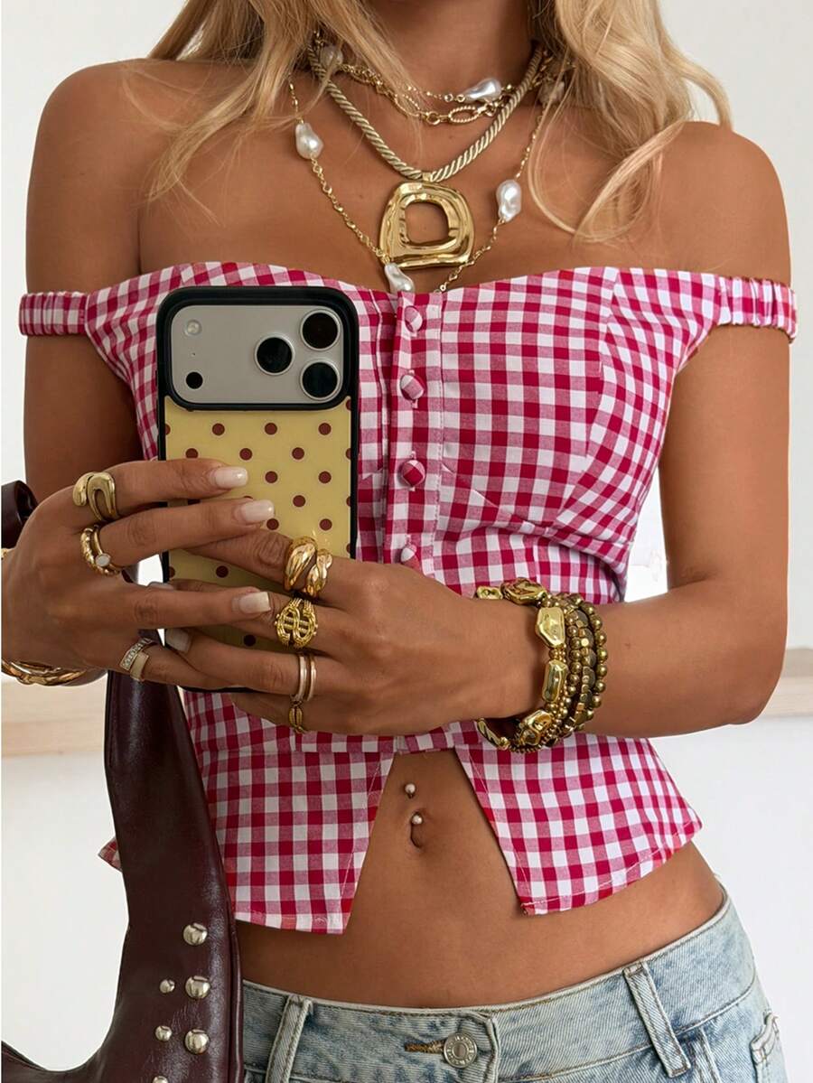 SHEIN EZwear Áo sơ mi nữ kẻ caro trễ vai, cài cúc đơn, kiểu dáng thời trang - trắng - Xem 1