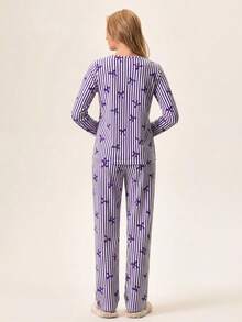 Loomlin Women Cotton 2 Pcs Striped&Bot Pattern Homewear Cute Pajama Set - Lilac Purple - View 2