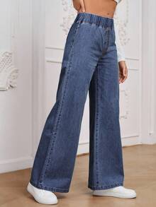 EMERY ROSE Casual Washed Elastic Waist Wide Leg Jeans - Blue - View 5